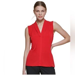 Calvin Klein Gathered V-Neck Sleeveless Dress Shirt - Red M